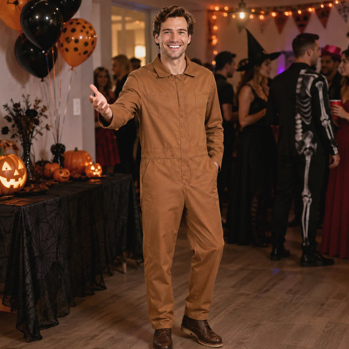 Men’s brown horror coveralls costume styled for a Halloween scene.