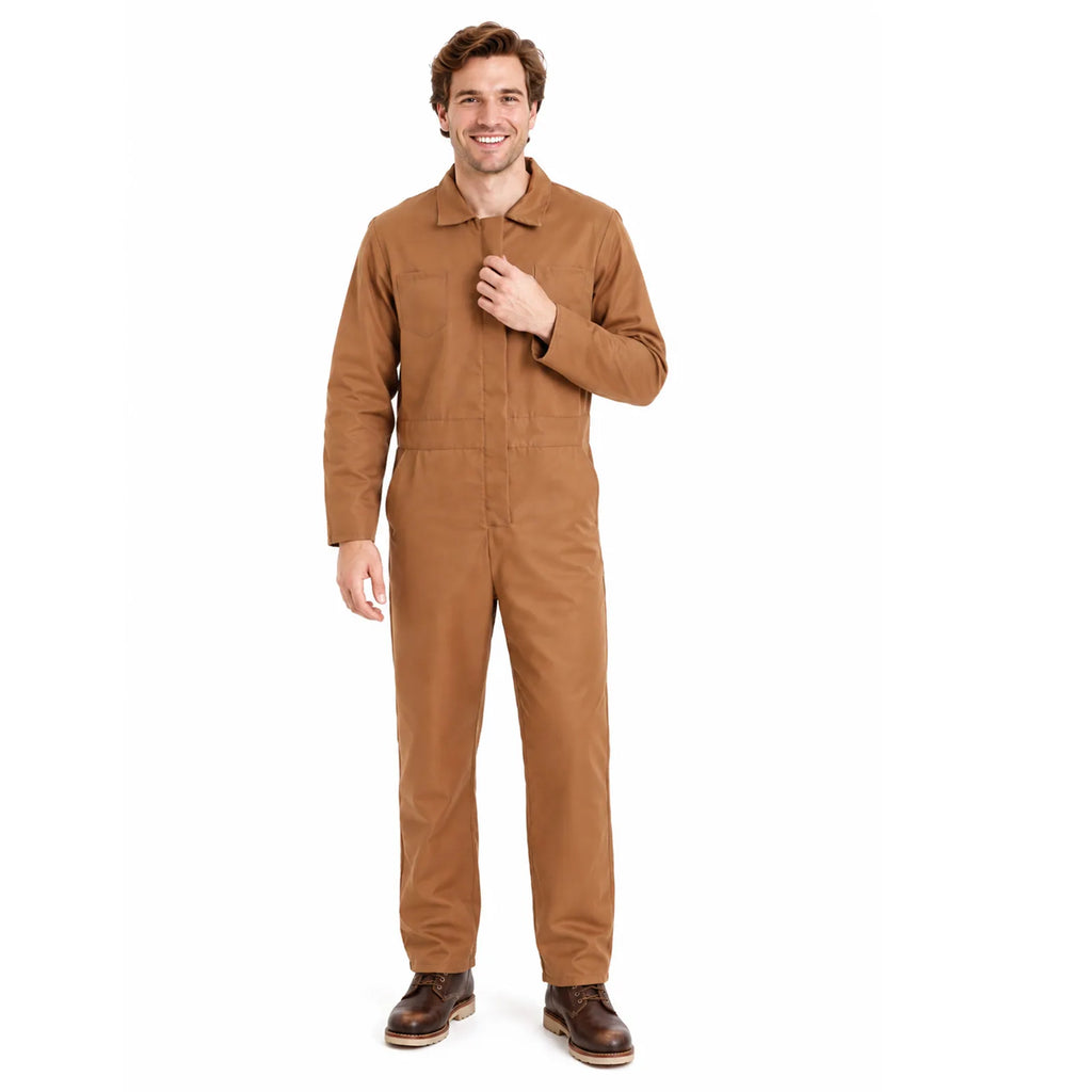 Men’s brown long-sleeve coveralls costume shown from multiple angles.