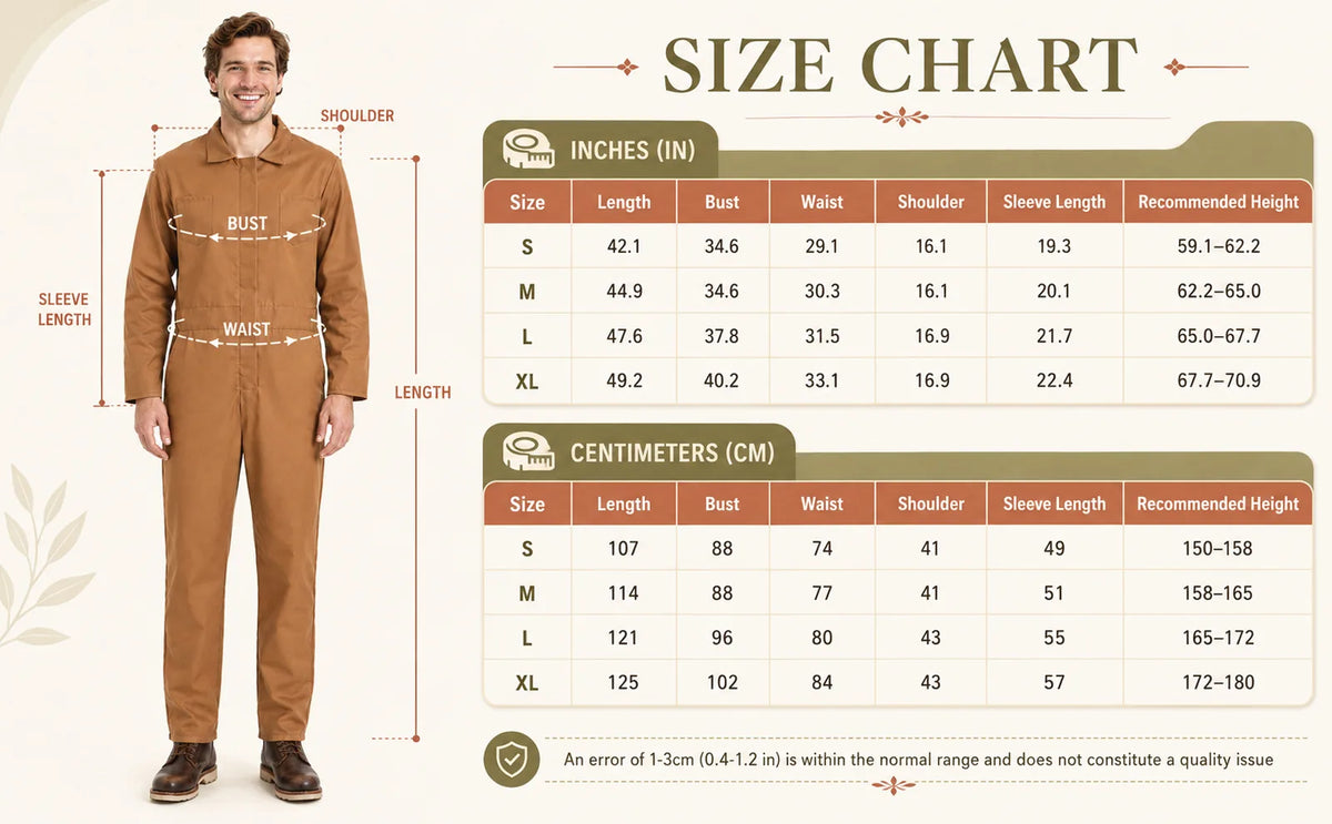 Men’s brown horror coveralls size chart with measurements for S through XL.