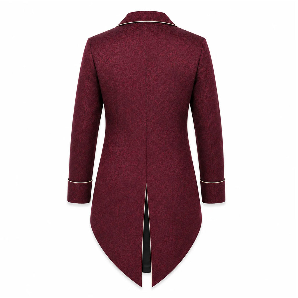 Men's burgundy Victorian tailcoat shown from the back with the split extended hem.