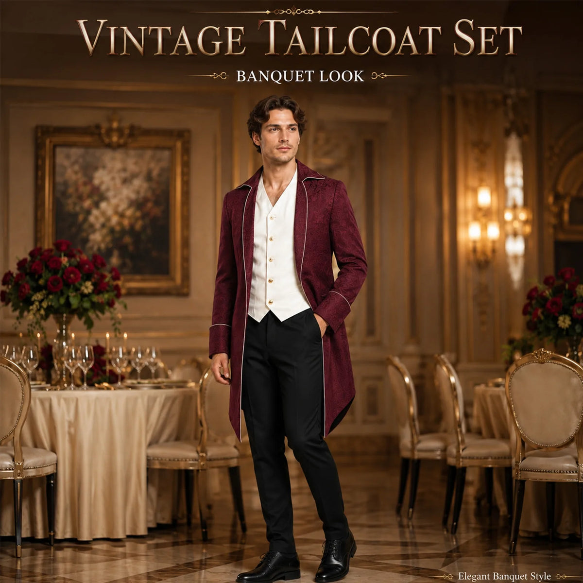 Man wearing the burgundy Victorian tailcoat in a formal banquet setting.