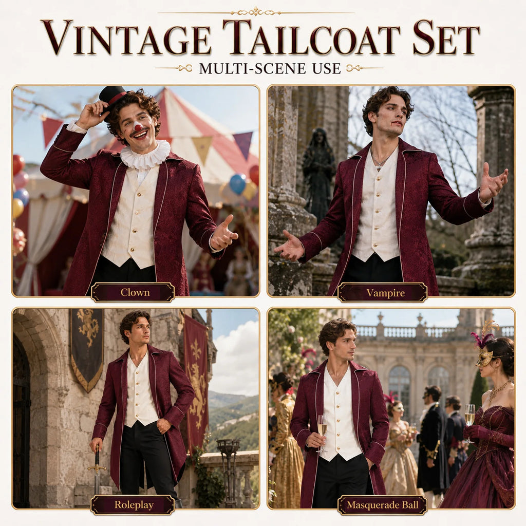 Men's burgundy Victorian tailcoat styled for circus, vampire, roleplay and masquerade looks.