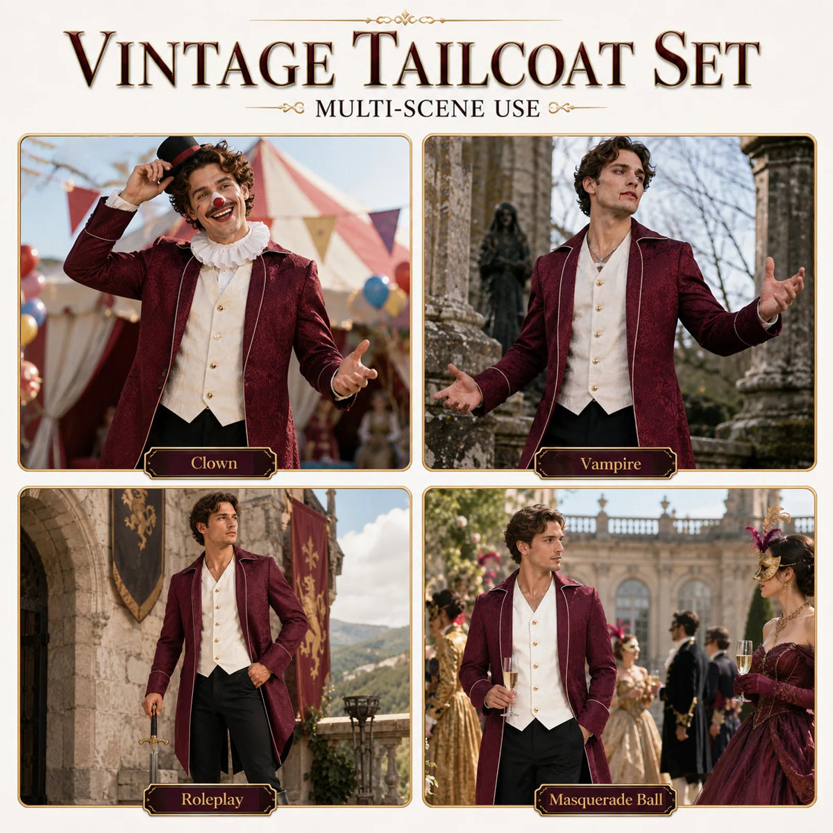 Men's burgundy Victorian tailcoat styled for circus, vampire, roleplay and masquerade looks.