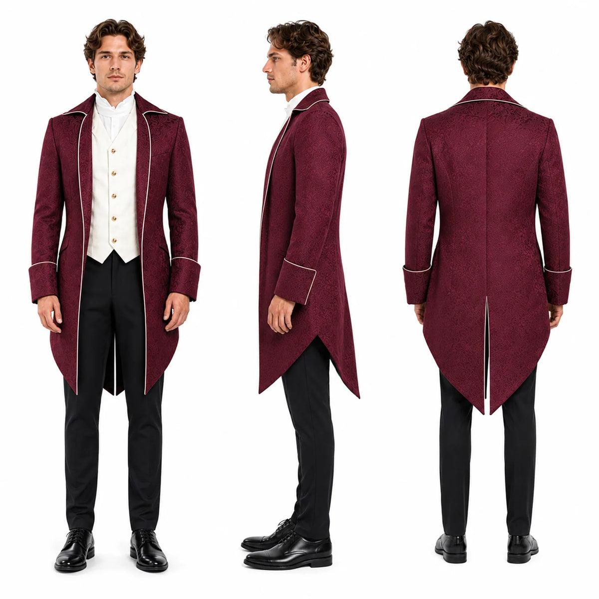 Men's burgundy Victorian tailcoat displayed from the front, side and back on a model.