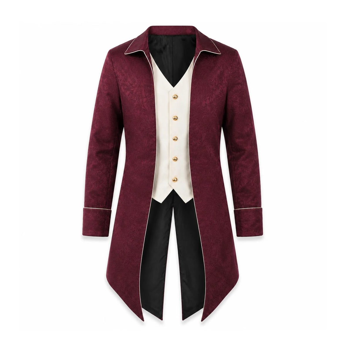 Men's burgundy Victorian tailcoat shown from the front with its contrast vest panel and extended hem.