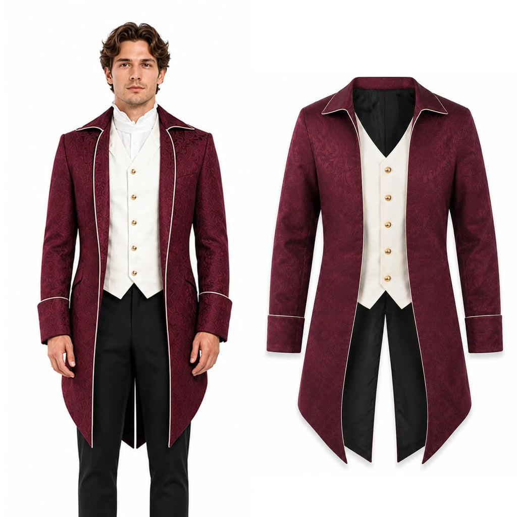 Men's burgundy Victorian tailcoat shown on a model beside the full front garment view.
