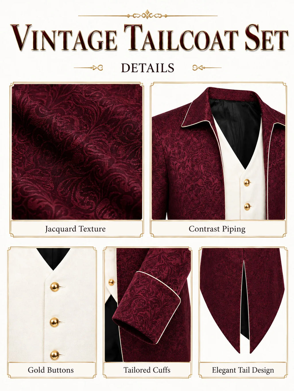 Close-up details of the burgundy tailcoat's jacquard-look pattern, contrast piping, gold-tone buttons and cuffs.