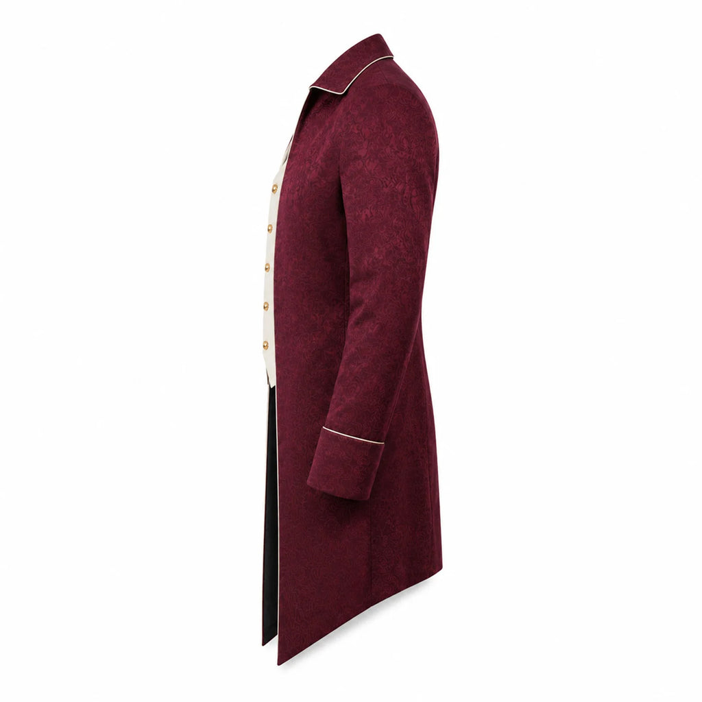 Side view of the men's burgundy Victorian tailcoat showing the long split-back silhouette.