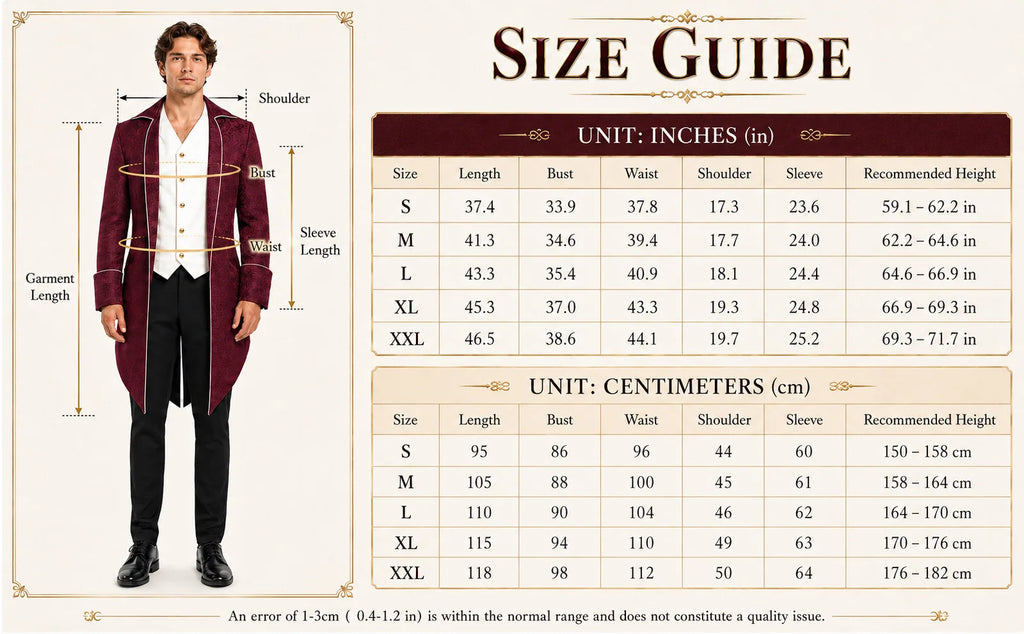 Measurement chart for the men's burgundy Victorian tailcoat in sizes S through XXL.