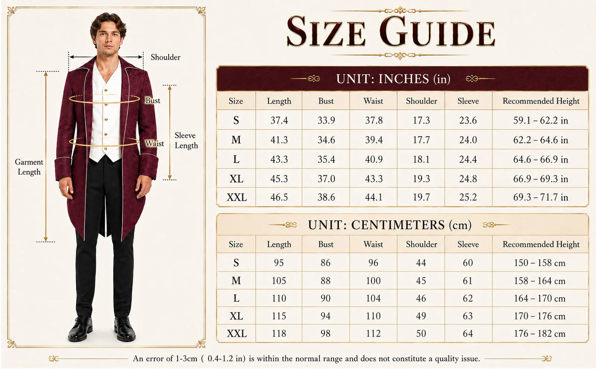 Measurement chart for the men's burgundy Victorian tailcoat in sizes S through XXL.