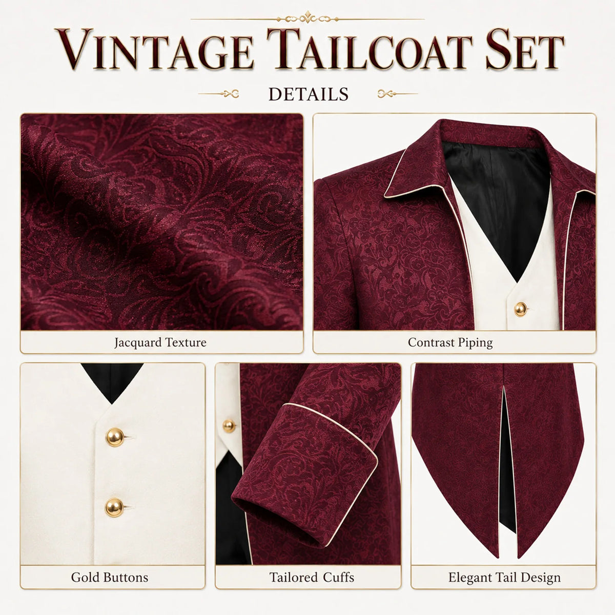 Close-up details of the burgundy tailcoat's patterned texture, contrast piping, buttons, cuffs and split hem.