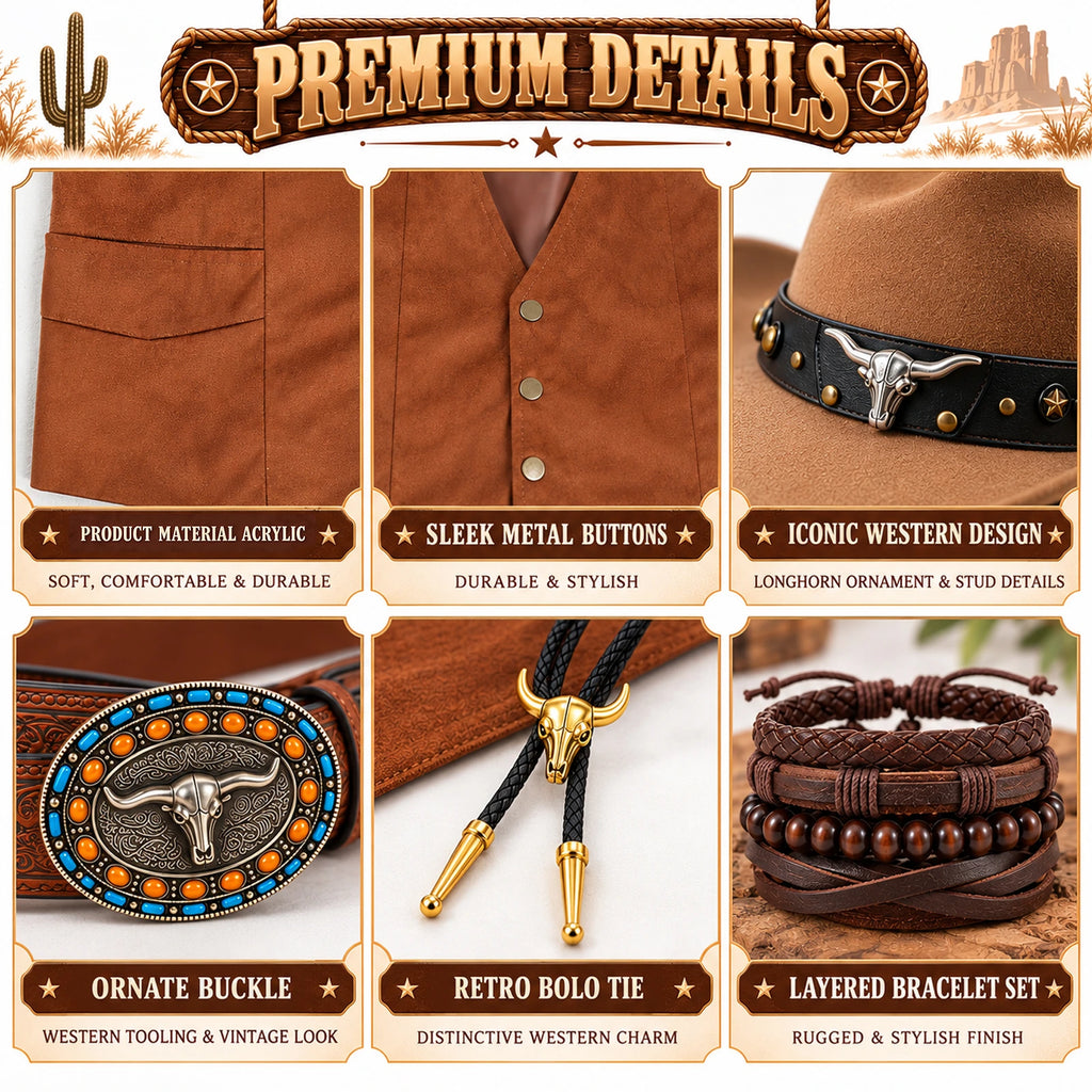 Close-up panels show the vest pocket and buttons, hat band, decorative belt buckle, bolo tie and bracelets.