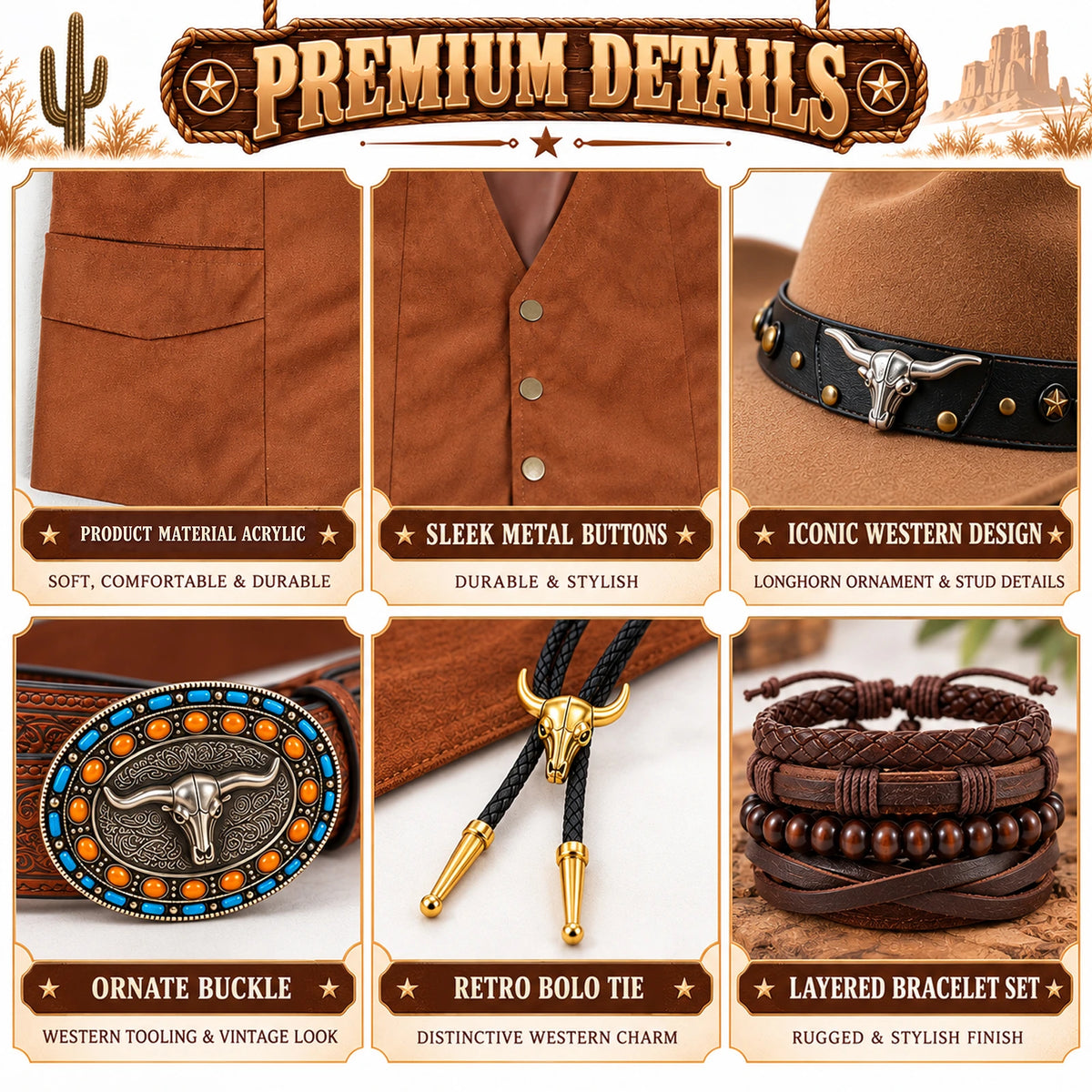 Close-up panels show the vest pocket and buttons, hat band, decorative belt buckle, bolo tie and bracelets.