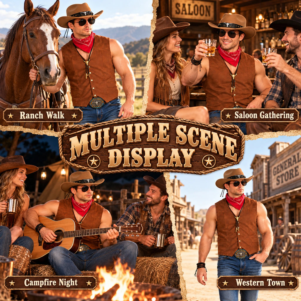 Cowboy outfit shown in ranch, saloon, campfire and western-town scenes.