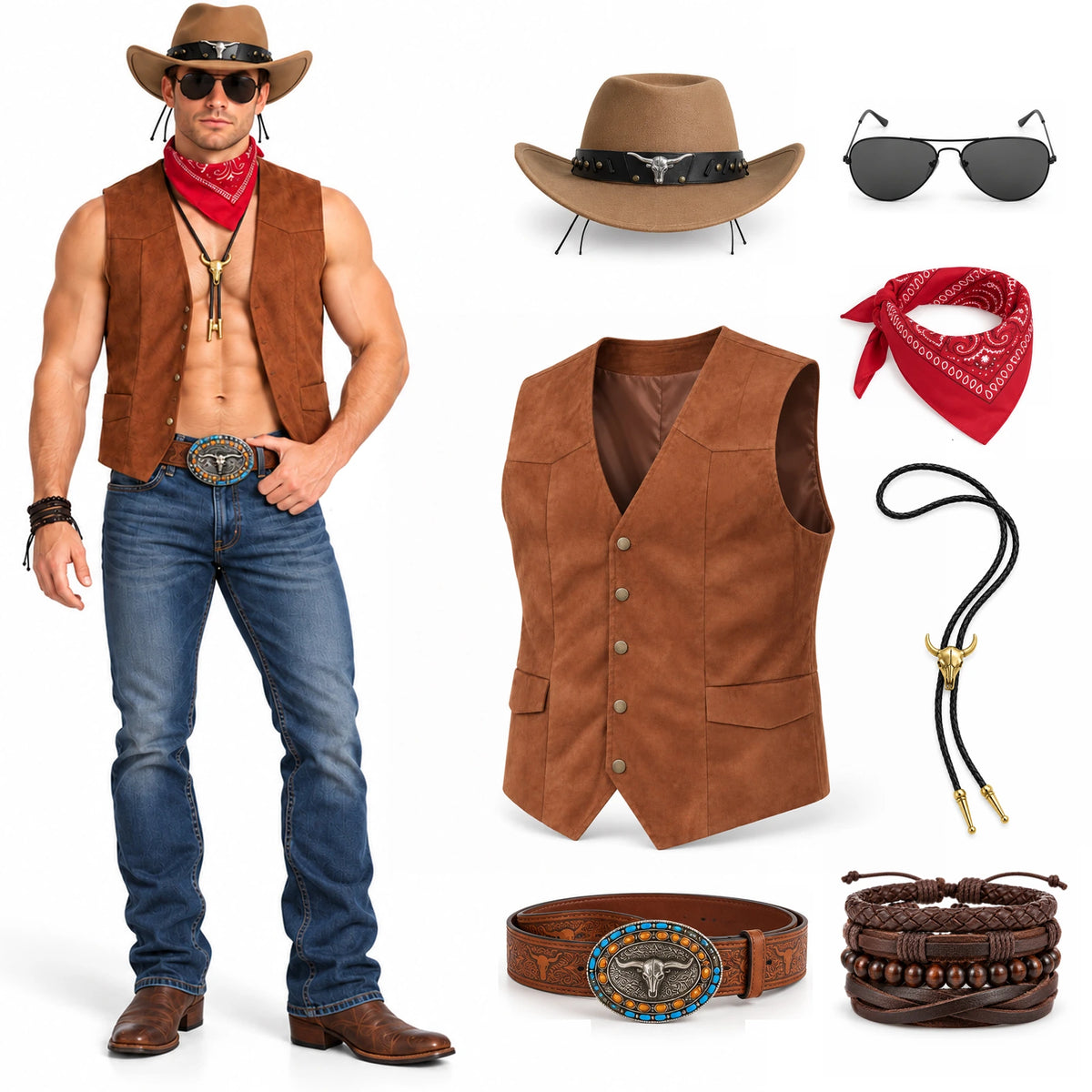 Model wearing the brown cowboy vest and accessories beside the seven-piece set.