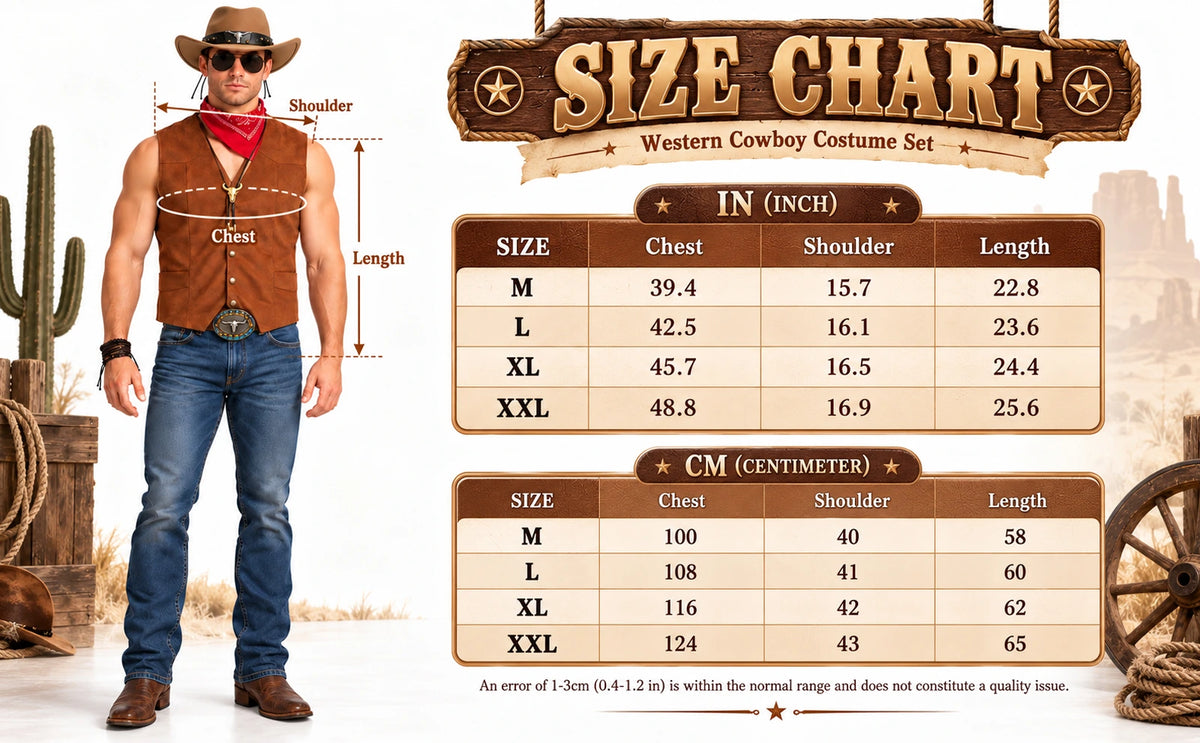 Brown cowboy vest measurement chart in inches and centimeters beside a model wearing the set.