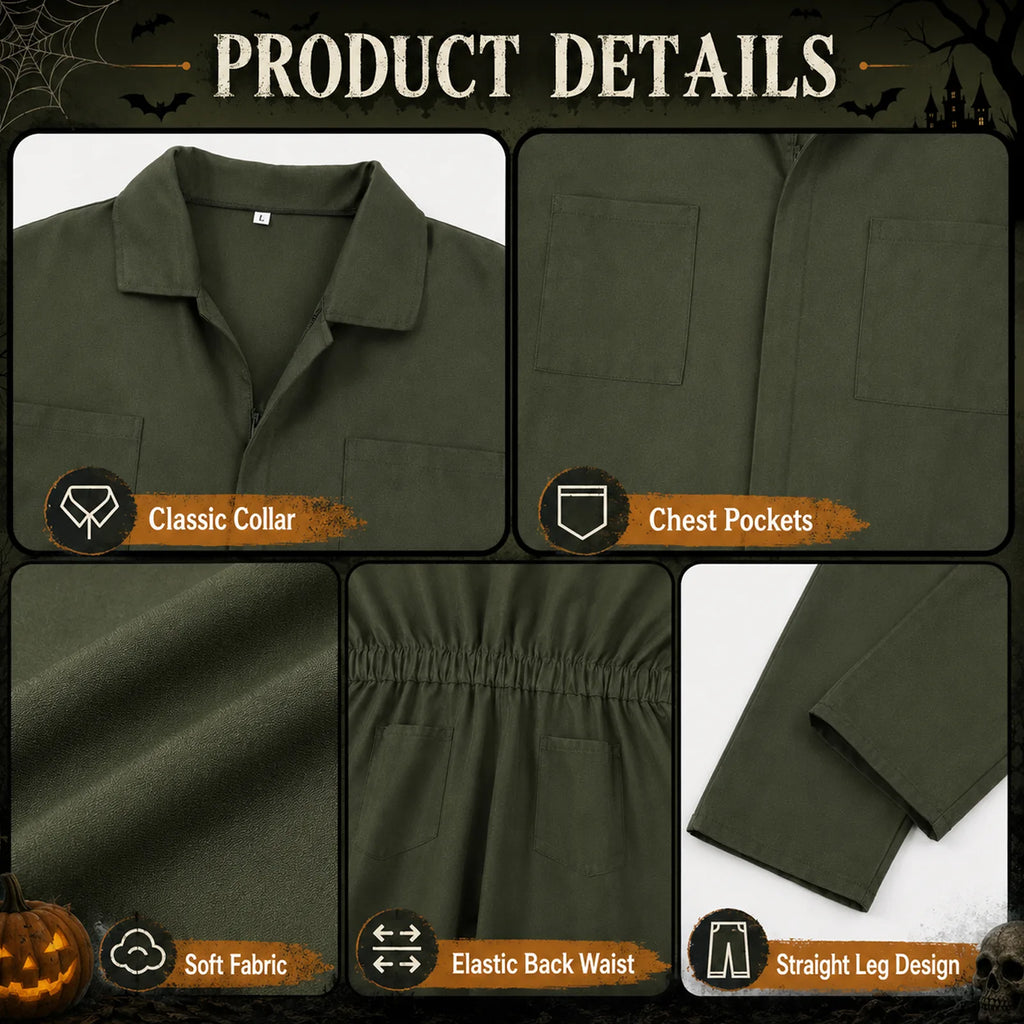 Close-up design details of the men’s army green horror coveralls costume.