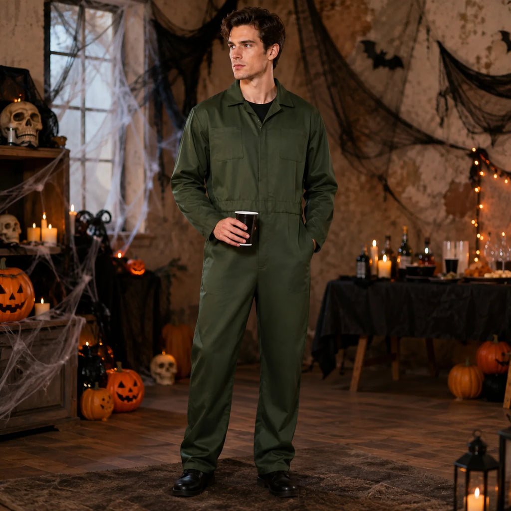 Men’s army green horror coveralls costume styled for a Halloween scene.