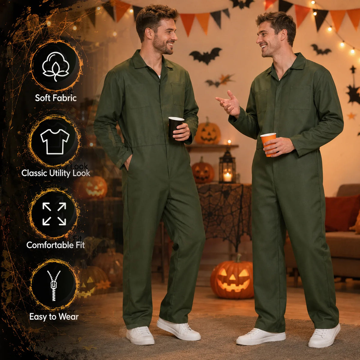 Army green long-sleeve coveralls included in the men’s horror costume.