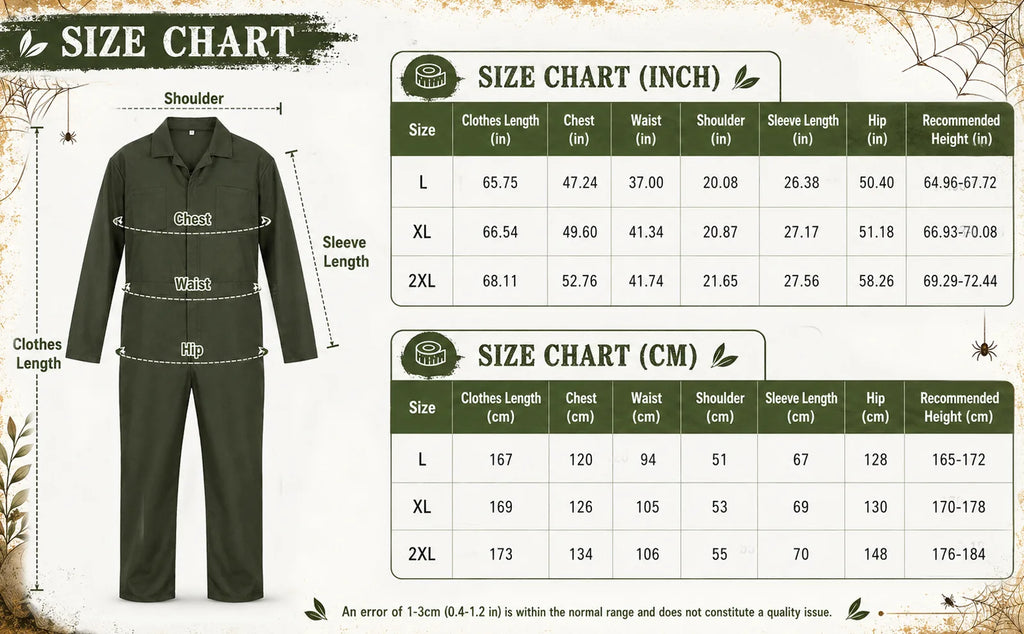 Size chart for the men’s army green horror coveralls costume in L through 2XL.
