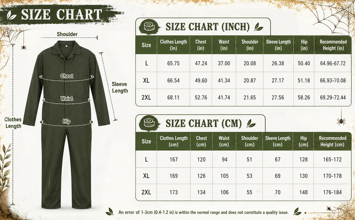 Size chart for the men’s army green horror coveralls costume in L through 2XL.