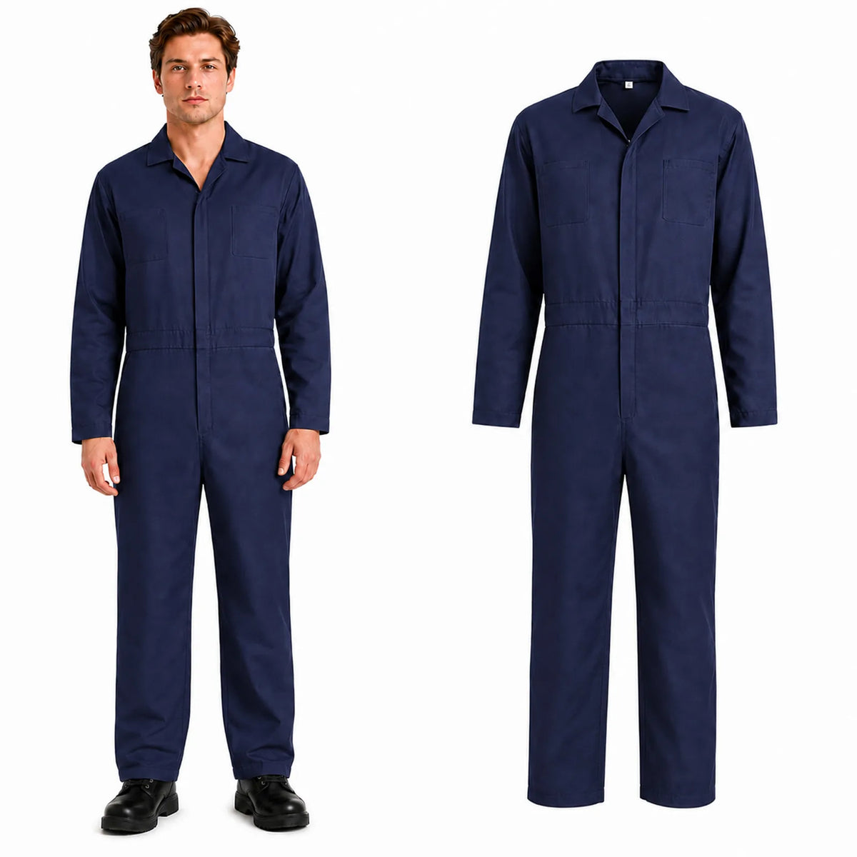 Men’s navy blue horror coveralls costume shown from the front.