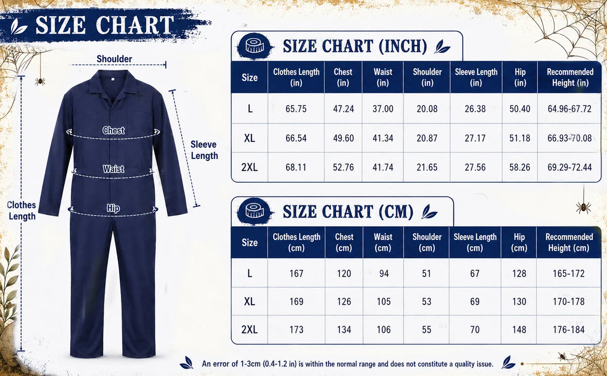Size chart for the men’s navy blue horror coveralls costume in L through 2XL.