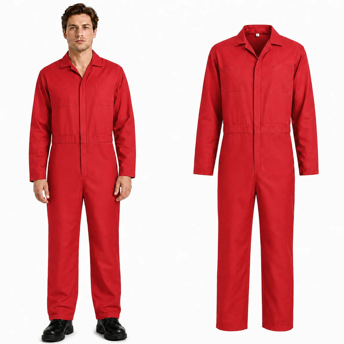 Men’s red horror coveralls costume shown from the front.