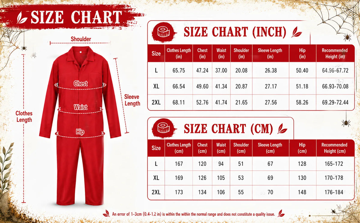 Size chart for the men’s red horror coveralls costume in L through 2XL.