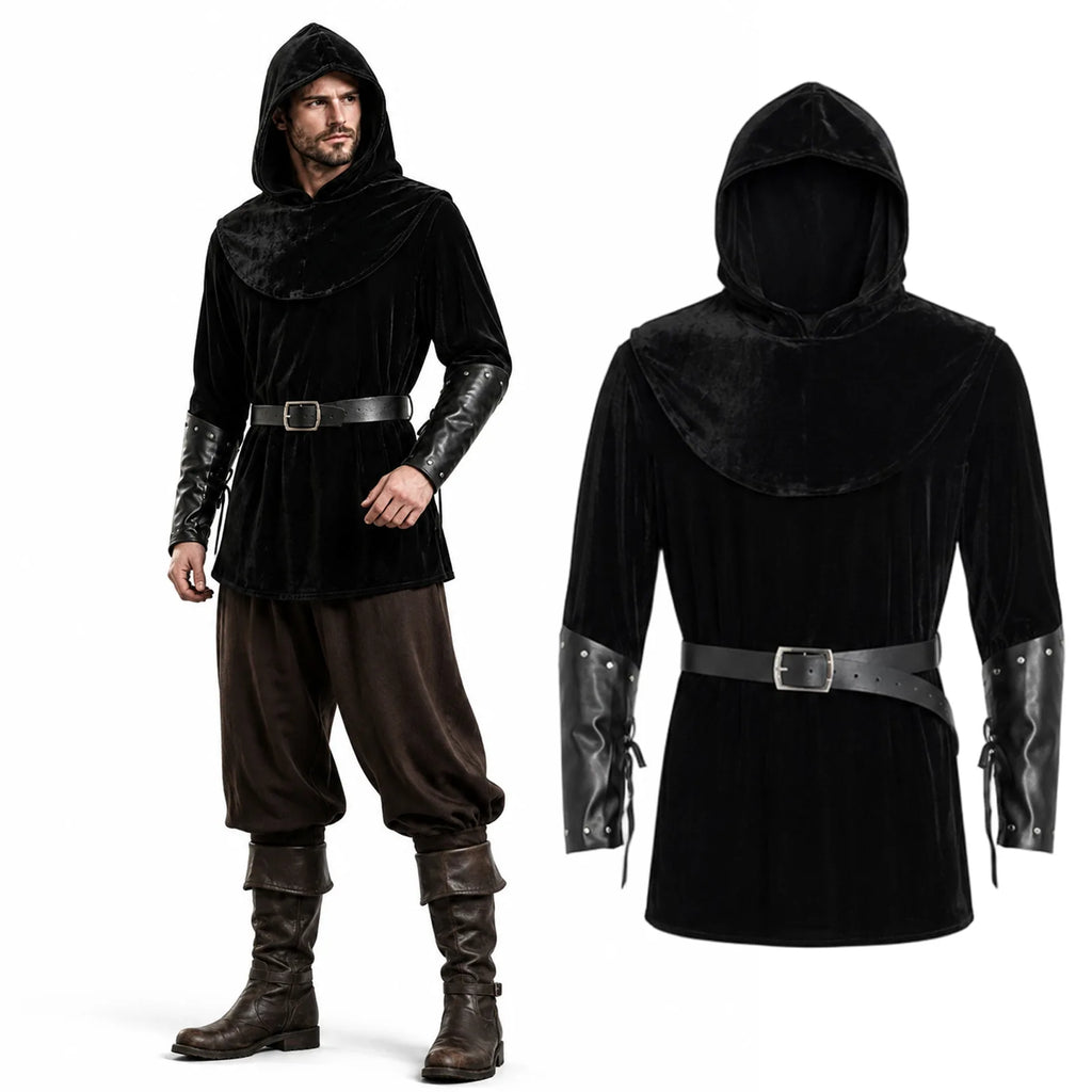 Men’s black medieval rogue costume with hooded cape, belt and bracers