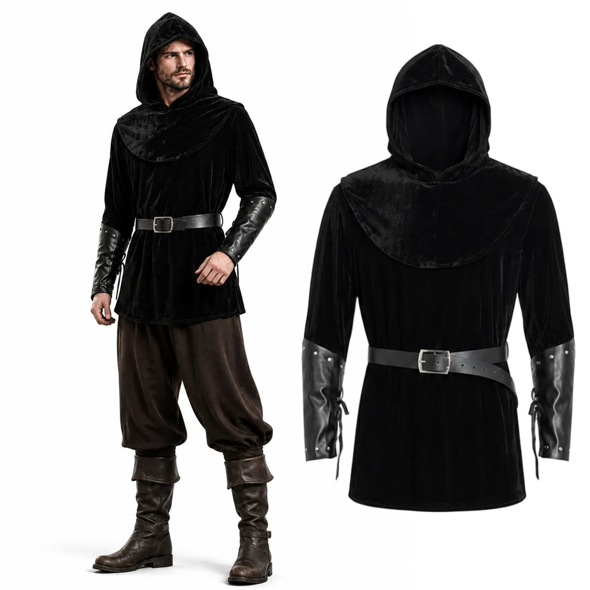 Men’s black medieval rogue costume with hooded cape, belt and bracers