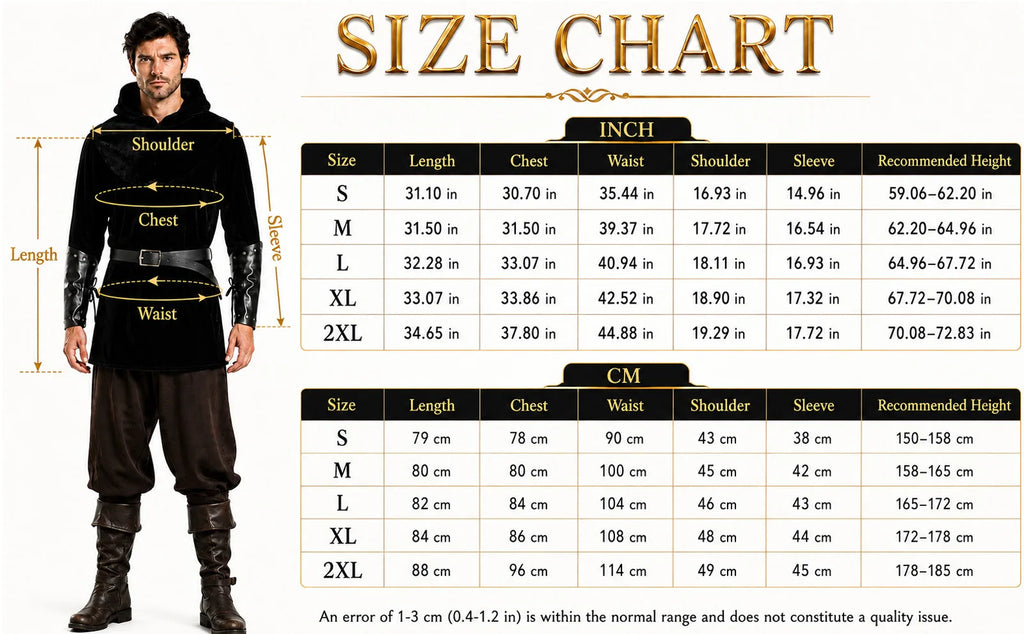 Men’s medieval rogue costume measurement chart for sizes S through 2XL