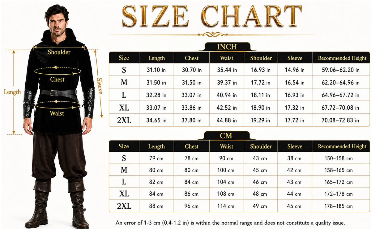 Men’s medieval rogue costume measurement chart for sizes S through 2XL