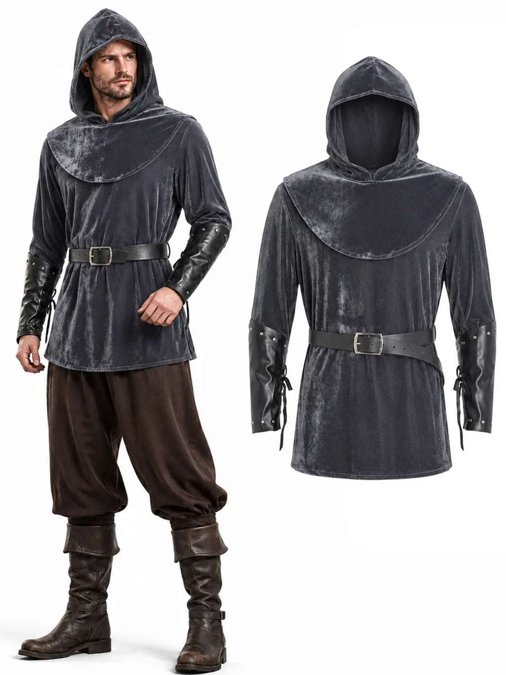 Men’s gray medieval rogue costume with hooded cape, belt and bracers