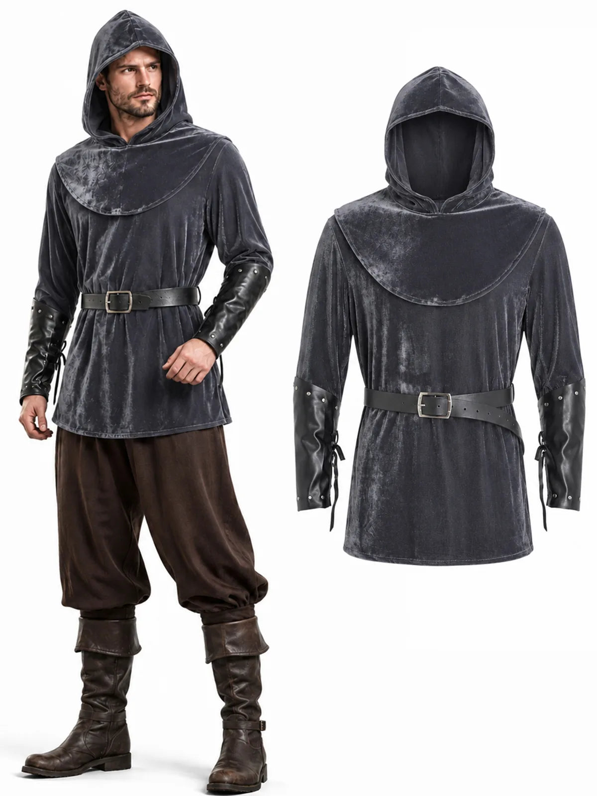 Men’s gray medieval rogue costume with hooded cape, belt and bracers