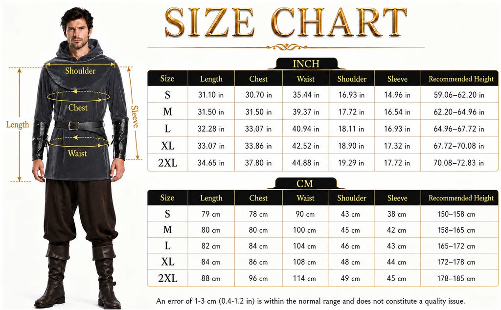 Gray men’s medieval costume size chart for sizes S through 2XL