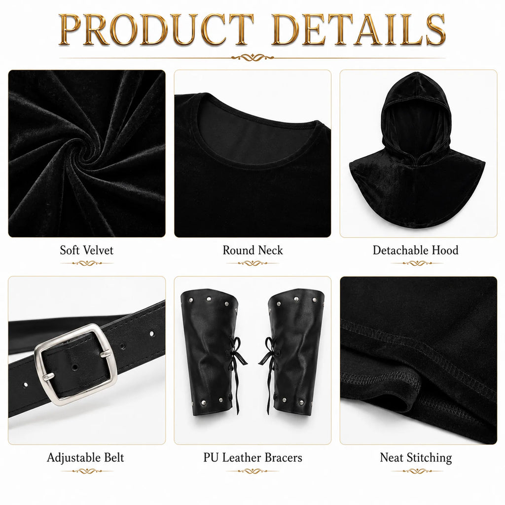 Medieval knight costume details with hood, belt and paired bracers