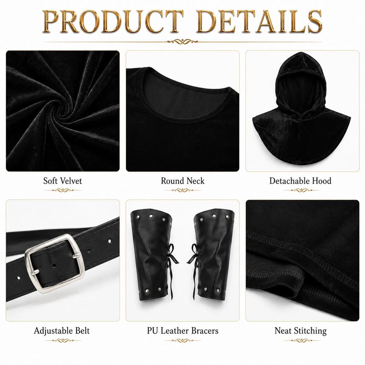 Medieval knight costume details with hood, belt and paired bracers