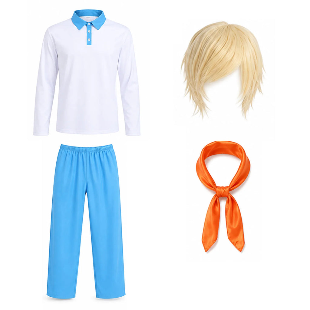 Men's mystery solver costume shirt, pants, wig and scarf