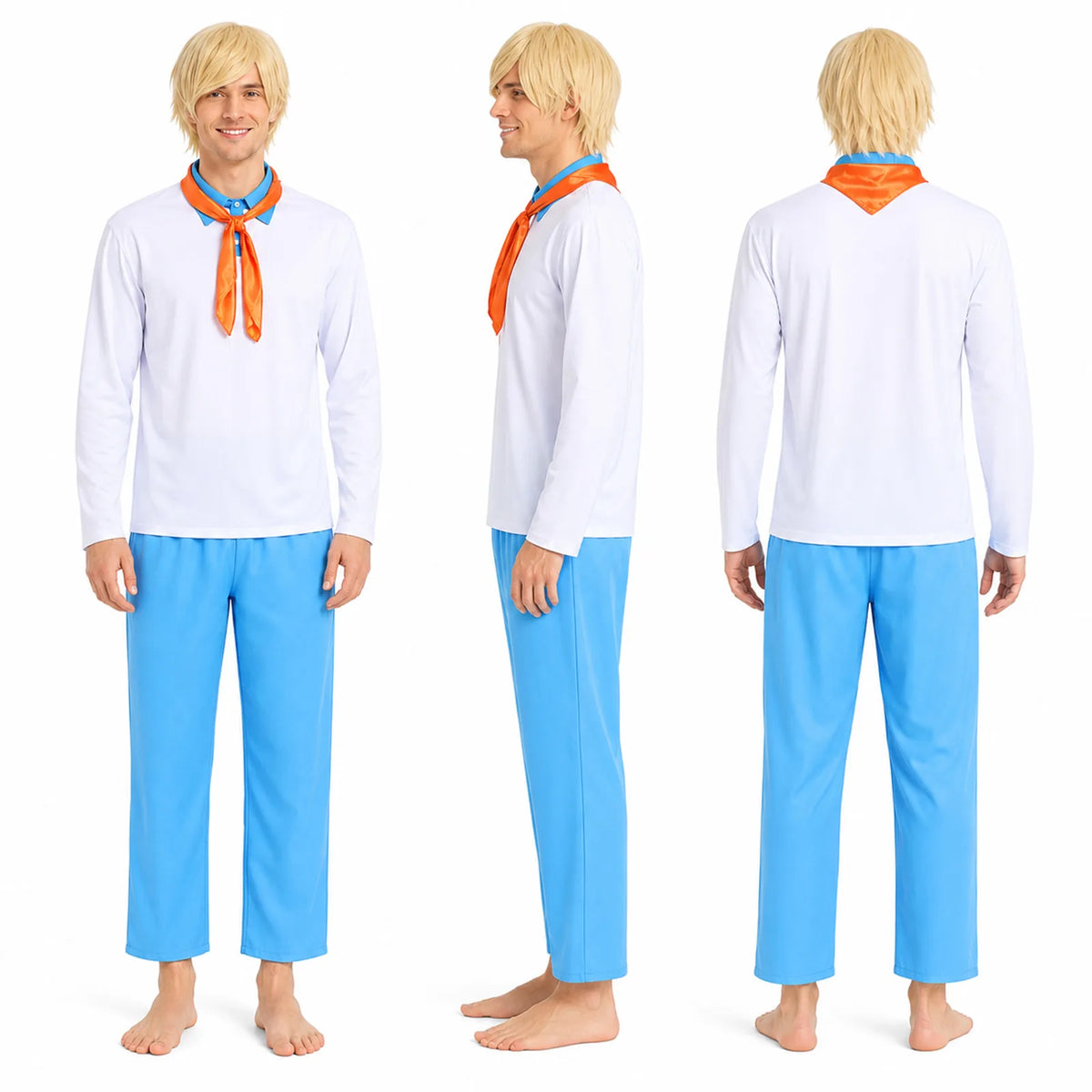 Men's mystery solver costume front, side and back views