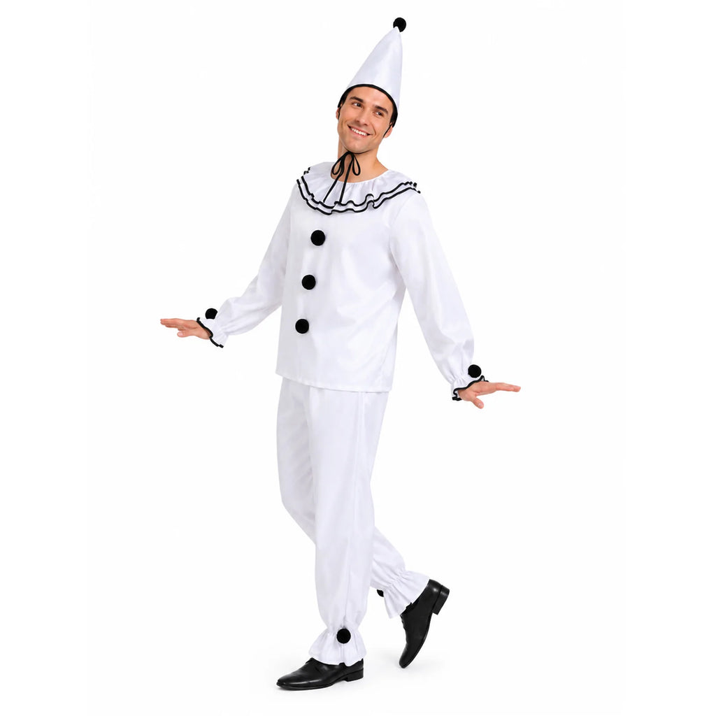 Front and angled view of the men's white Pierrot clown outfit
