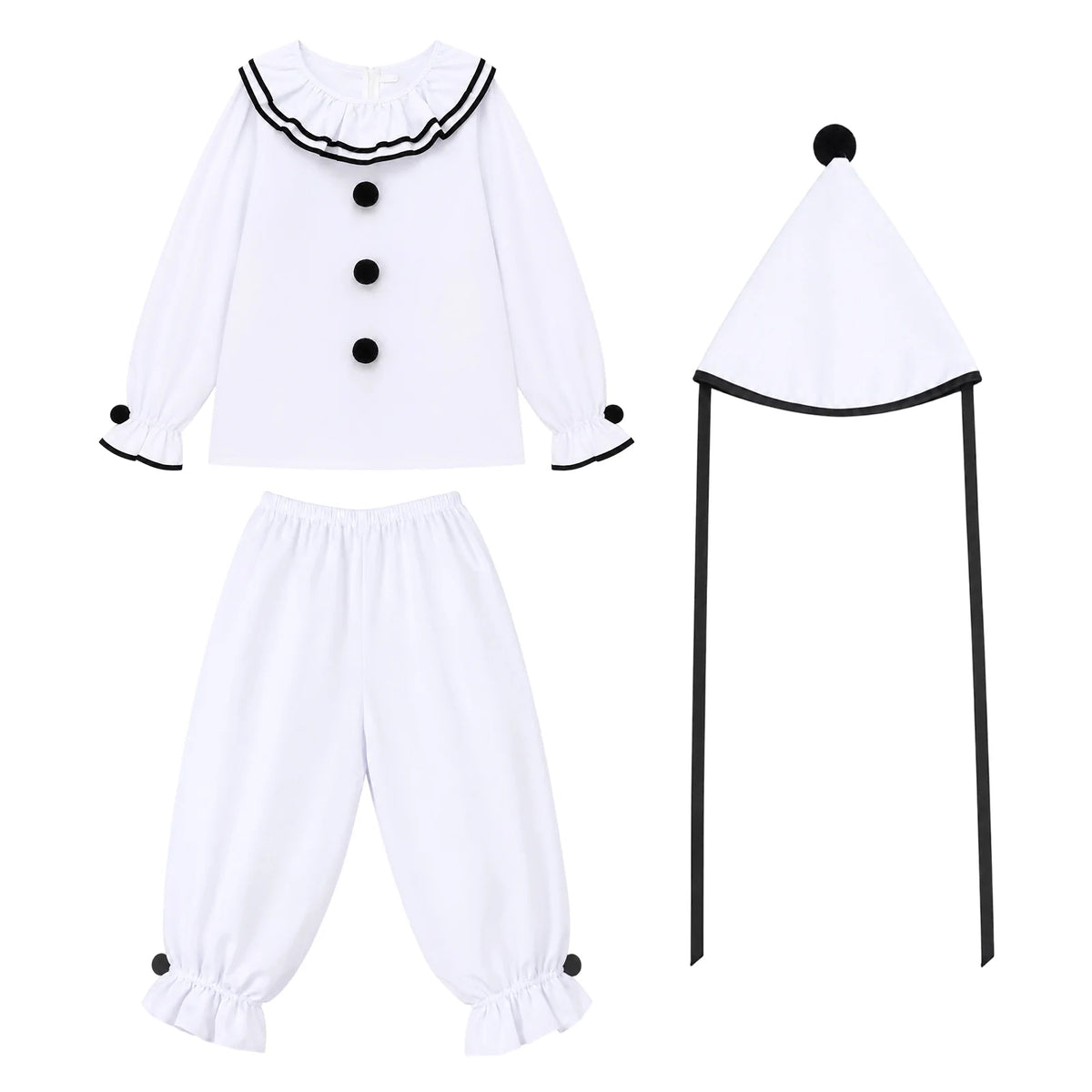 Side view of the men's ruffled Pierrot clown costume