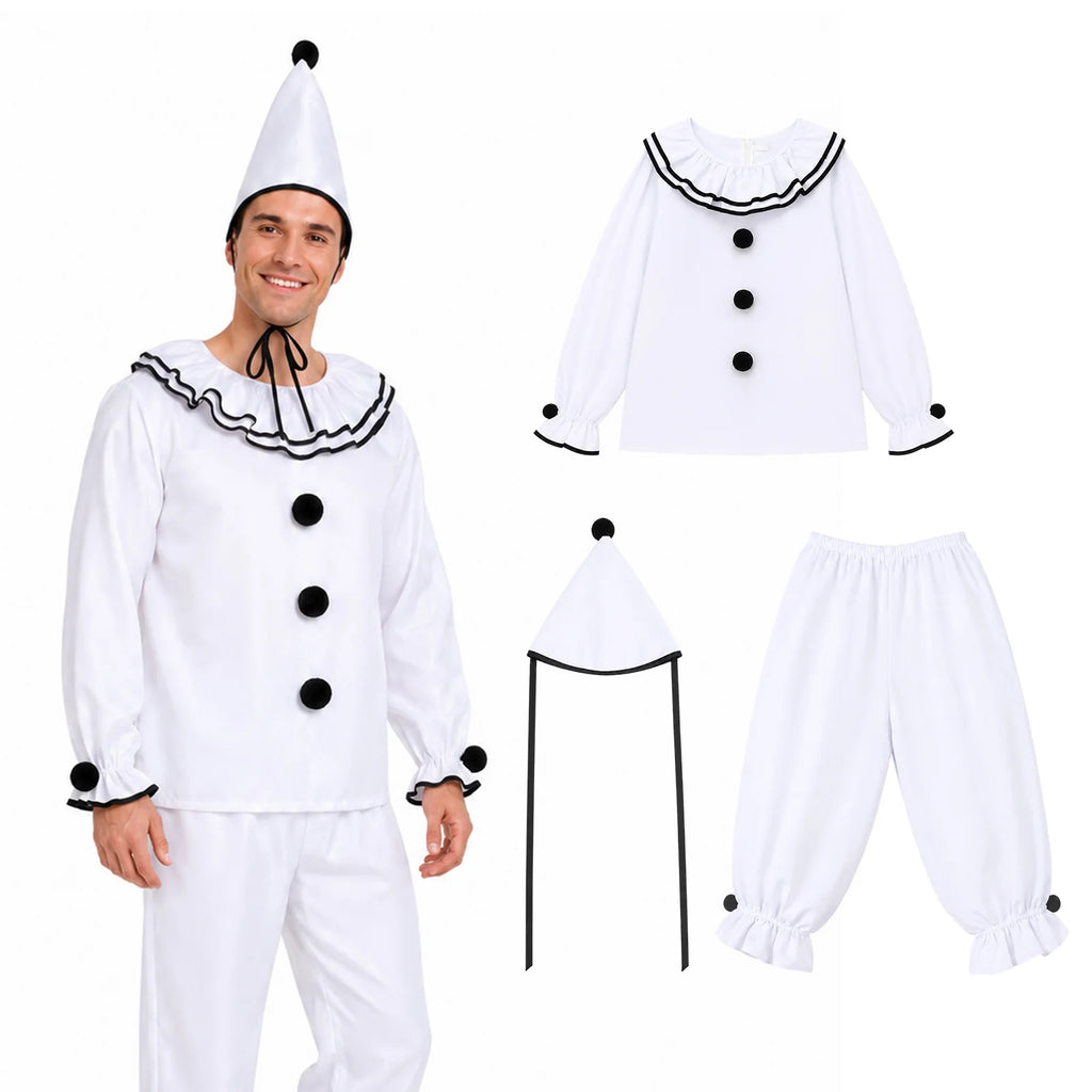 Men's vintage Pierrot costume shown as a coordinated three-piece set