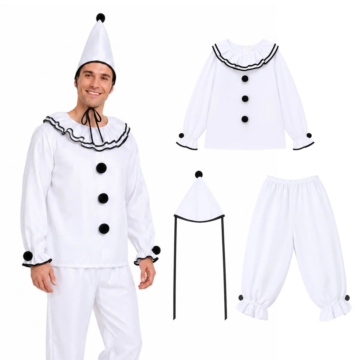 Men's vintage Pierrot costume shown as a coordinated three-piece set
