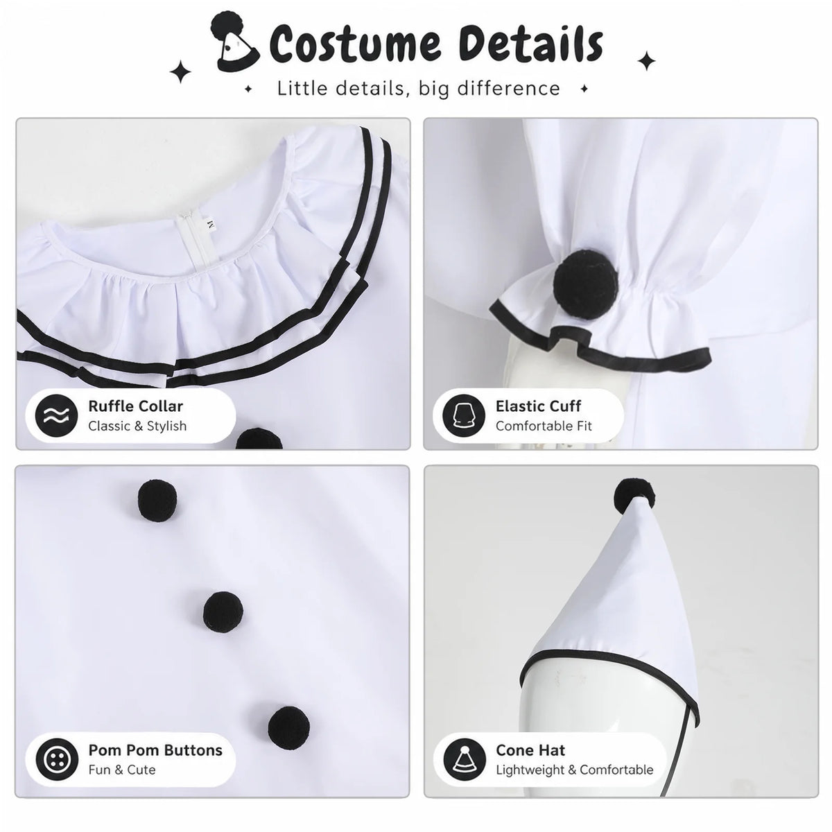 Ruffled collar, dark trim, and pom-pom details on men's Pierrot costume