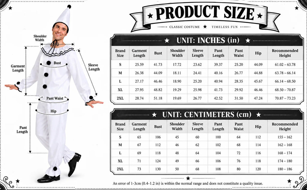 Size chart for men's Pierrot shirt and pants in sizes S to 2XL