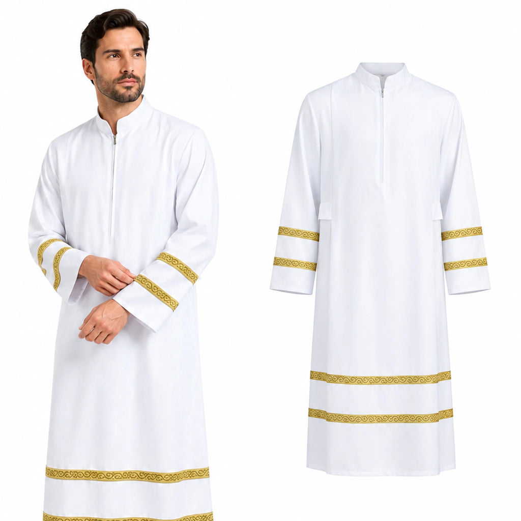 White priest robe displayed beside a male model showing the stand collar and patterned gold trim.