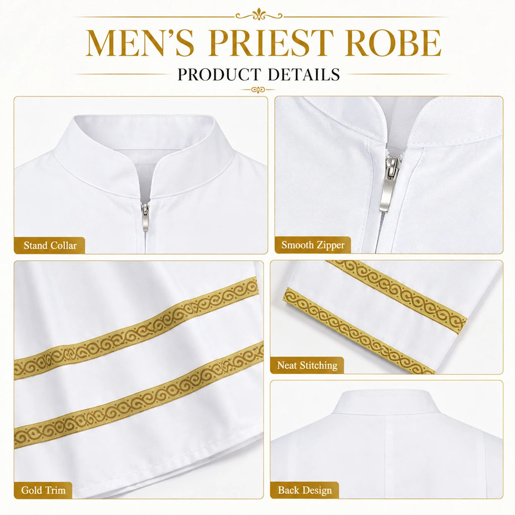 Close-up details of white priest robe collar zipper stitching and gold trim