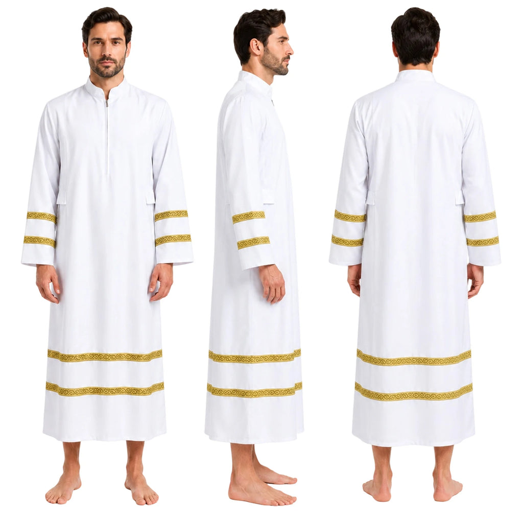 Front side and back views of men's priest robe costume