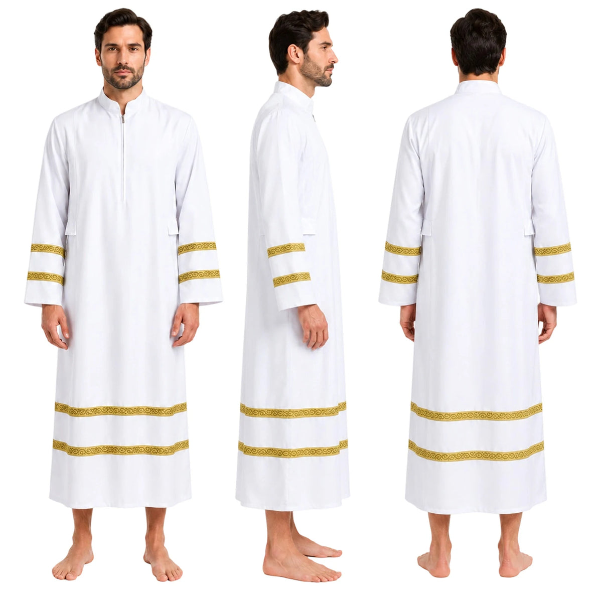 Front side and back views of men's priest robe costume